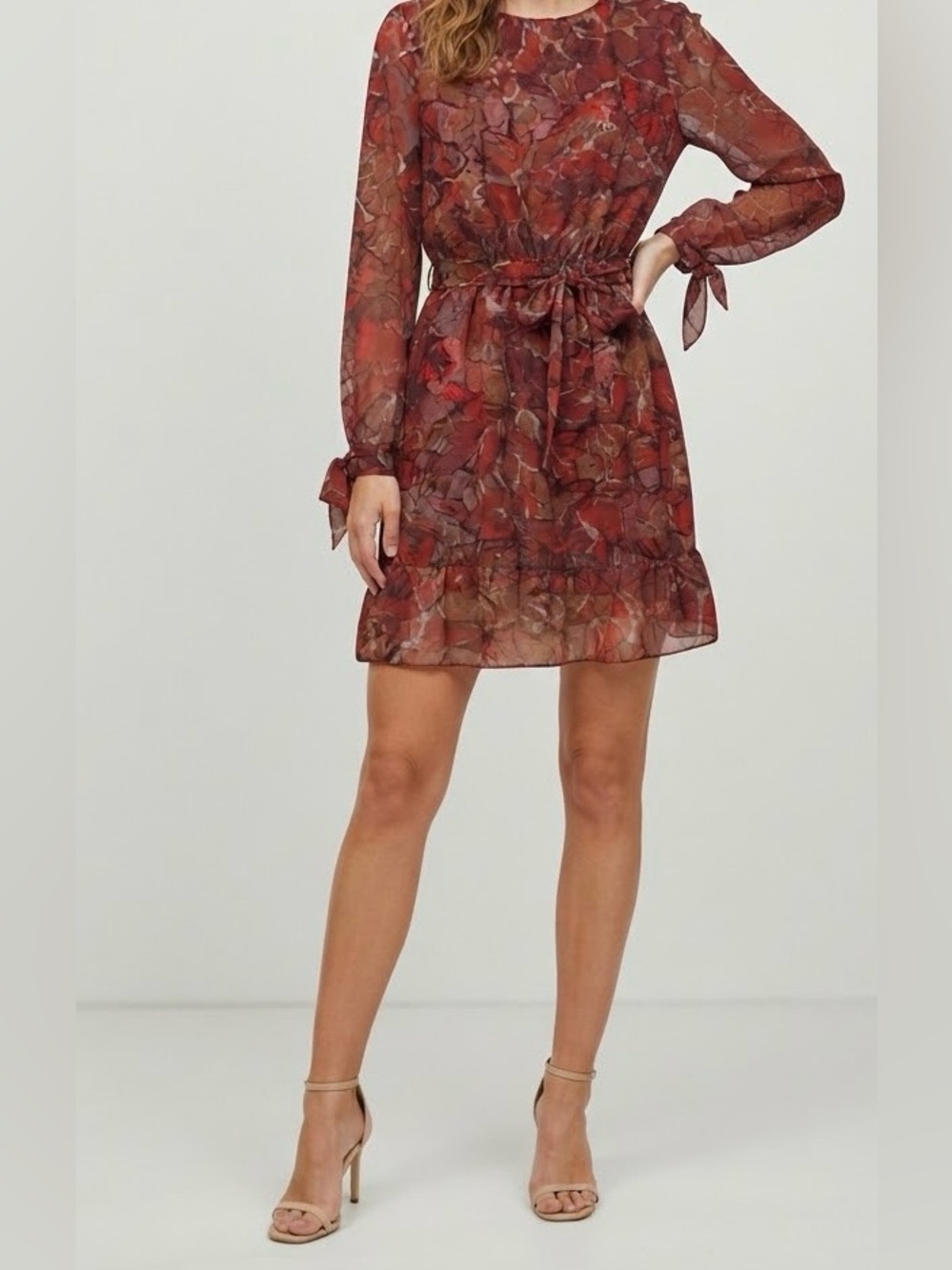 Stefanel
Sheer Tie-Waist Floral Mini Dress in Rust